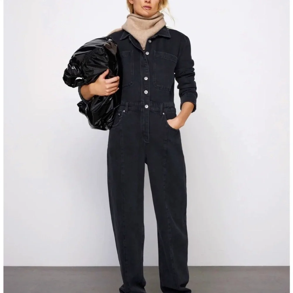 New! Zara Medium Women’s The Dorian Black Denim Jumpsuit - Picture 2 of 16